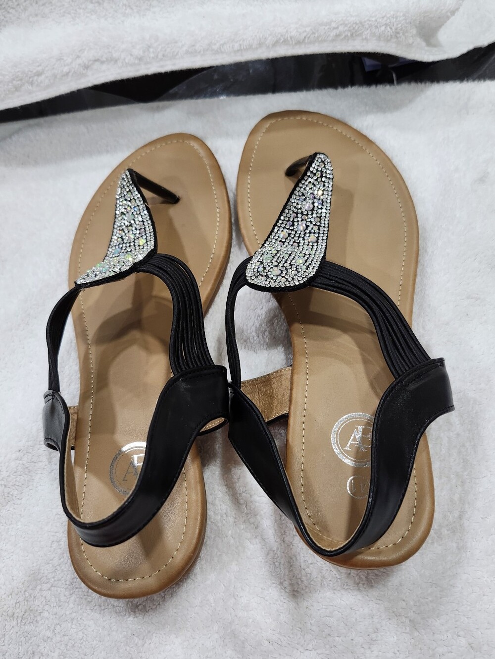 Black Rhinestone T-Strap Sandals - Picture 2 of 3